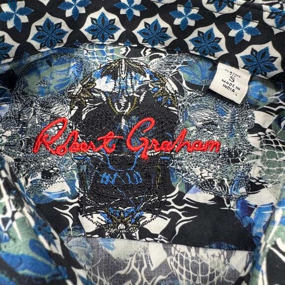 NWT Robert Graham Alloway Button Shirt S Blue Flip Cuff Floral Skull Mens $198 - Picture 4 of 12